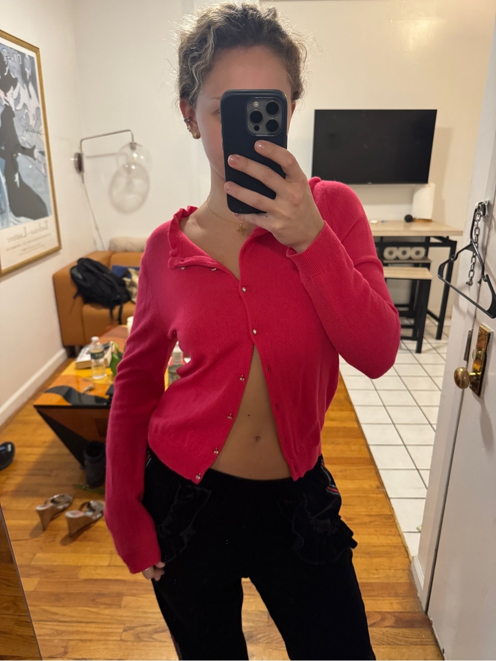J. Crew Ruffle-Trim Button Cardigan in Bright Pink
